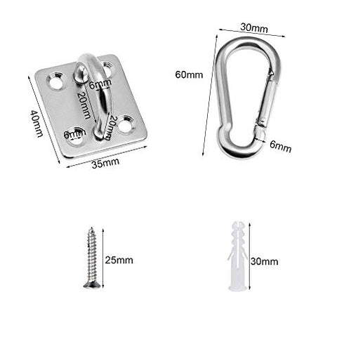 12Pcs M6 304 Stainless Steel Oblong Eye Pad Plate and Snap Hook Carabiner Clips, Marine Hardware Staple Hook Loop and Screws Accessories